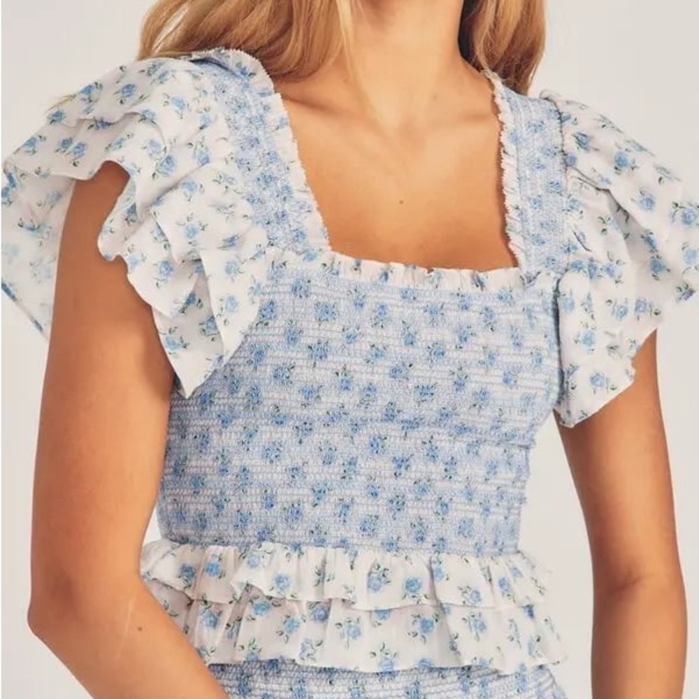 NWT LOVESHACKFANCY Wrennly Top in Powder Blue and White